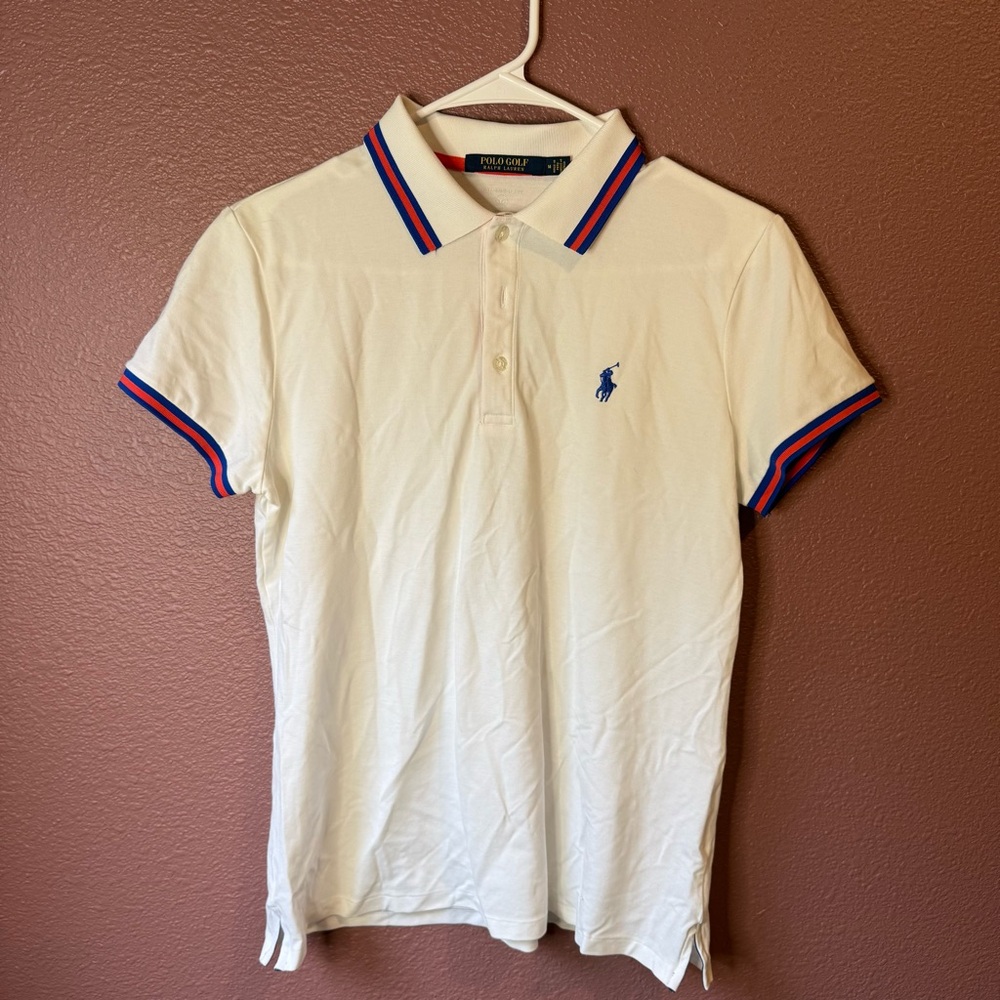 Polo Golf by Ralph Lauren Women’s Med White Polo Shirt with Blue Red Stripes